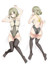 Rule 34 | 1girl, all fours, ass, black thighhighs, competition swimsuit, covered erect nipples, dakimakura (medium), folded ponytail, glasses, green eyes, grey one-piece swimsuit, highres, kantai collection, katori (kancolle), light brown hair, looking at viewer, lying, minase (takaoka nanase), multicolored swimsuit, multiple views, on back, one-piece swimsuit, parted bangs, swimsuit, thighhighs
