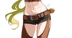 Rule 34 | 1girl, belt, black shorts, blonde hair, brown belt, chaps, commentary, cowgirl (western), flying sweatdrops, groin, highres, kimi no koto ga dai dai dai dai daisuki na 100-nin no kanojo, long hair, lower body, midriff, navel, short shorts, shorts, simple background, solo, stomach blush, ten hwang2, very long hair, white background, yamato nadeshiko (hyakkano)