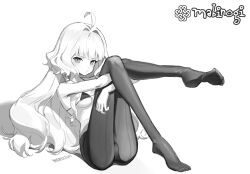 1girl :&lt; bikini bikini_top_only breasts ekah96 grabbing_own_leg highres looking_at_viewer mabinogi monochrome pantyhose rowan_(mabinogi) sitting small_breasts swimsuit