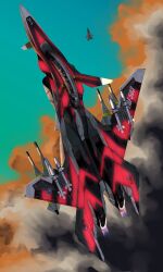 absurdres aircraft airplane cloud cockpit contrail dusk fighter_jet flying highres kimuwaipu military military_vehicle missile pilot roundel science_fiction sentou_yousei_yukikaze sky variable_fighter vehicle_focus