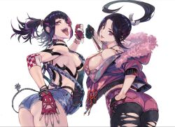 black_hair breasts cleavage collar denim denim_shorts fatal_fury folding_fan from_behind gloves half_gloves han_juri hand_fan hand_on_own_thigh holding holding_fan jacket looking_back ponytail rinzo shiranui_mai shorts sideboob simple_background smile spiked_collar spikes street_fighter thumbs_down tongue tongue_out torn_clothes twintails white_background