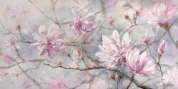 Rule 34 | bud, cherry blossoms, flower, highres, no humans, ooy33151086, original, painting (medium), pink flower, plant, plant focus, purple background, still life, traditional media, tree, watercolor (medium)