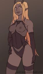 1girl black_panties blonde_hair dark-skinned_female dark_skin elbow_gloves elf gloves horns kalruna lingerie panties pointy_ears see-through_clothes solo the_dragon_prince underwear