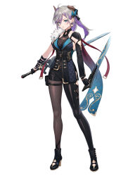 1girl ahoge asymmetrical_dual_wielding asymmetrical_legwear atelier_(series) atelier_resleriana black_boots black_gloves black_jacket black_pants black_pantyhose blue_eyes boots braid braided_bangs breasts broken_horn cleavage demon_horns dual_wielding earrings full_body gloves hair_between_eyes high_heel_boots high_heels highres holding holding_sword holding_weapon holster horns jacket jewelry long_hair looking_at_viewer medium_breasts multicolored_hair official_alternate_costume pants pantyhose purple_hair see-through_cleavage see-through_clothes simple_background single_earring single_leg_pantyhose solo standing sword thigh_holster thigh_strap tokki two-tone_hair valeria_(atelier) weapon white_background