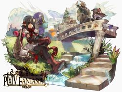 1boy 1girl 1other ambiguous_gender black_hair boots borrowed_character brown_hair copyright_name gloves goggles goggles_on_head grass hat long_hair nishihara_isao outdoors pixiv_fantasia pixiv_fantasia_4 pointy_ears puffy_short_sleeves puffy_sleeves red_eyes short_hair short_sleeves water