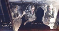 1boy black_shirt blonde_hair chanasykine commission crack cracked_glass different_reflection english_text final_fantasy final_fantasy_xv from_behind gloves highres ignis_scientia mirror multiple_views reflection reflection_focus shirt solo symbolism vest watermark
