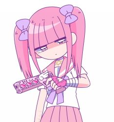 1girl bandaged_arm bandages blunt_bangs bow closed_mouth collar expressionless ezaki_bisuko finger_on_trigger fingerless_gloves gloves gun hair_bow handgun heart hexagram highres holding holding_weapon jewelry looking_at_viewer menhera-chan_(ezaki_bisuko) menhera-chan_(ezaki_bisuko)_(character) necklace pink_hair pink_sailor_collar pink_skirt pleated_skirt purple_bow purple_collar purple_eyes sailor_collar school_uniform self-harm_scar serafuku shaded_face short_twintails sidelocks simple_background skirt solo star_of_david twintails weapon white_background white_serafuku yami_kawaii