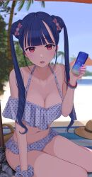 1girl absurdres beach beach_mat bikini blue_sky blunt_bangs blurry breasts cleavage collarbone double_bun hair_bun highres inaka_44 long_hair looking_at_viewer navel off-shoulder_bikini off_shoulder open_mouth original outdoors paid_reward_available pink_eyes polka_dot polka_dot_bikini polka_dot_scrunchie purple_hair scrunchie sidelocks sitting sky small_breasts solo swimsuit twintails white_bikini