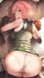 1girl absurdres ass back bare_shoulders belko black_gloves blue_eyes blush braid breasts clothes_lift clothes_pull crown_braid cuffs daiba_canon dress dress_lift fingerless_gloves gloves god_eater god_eater_2:_rage_burst green_dress highres large_breasts looking_at_viewer looking_back lying on_stomach open_mouth panties pants pants_pull pink_hair short_dress short_hair underwear white_panties