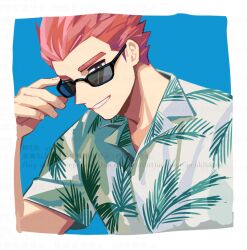 1boy adjusting_eyewear alternate_costume black-framed_eyewear blue_background border bright_pupils collared_shirt commentary_request grin hand_up lance_(pokemon) male_focus nintendo pokemon pokemon_hgss red_hair shirt short_hair smile solo sunglasses teeth watermark white_border white_pupils y_(036_yng)