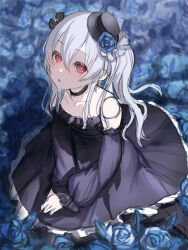 Rule 34 | 1girl, absurdres, black choker, black dress, black hat, black sleeves, choker, detached sleeves, doll joints, dress, flower, hat, highres, joints, long hair, looking at viewer, mini hat, nina (maurururoa), orchis, red eyes, shadowverse, shadowverse: worlds beyond, sketch, sleeveless, sleeveless dress, twintails, white hair