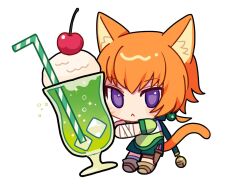 1girl :v animal_ears bell cat_ears cat_girl cat_tail chibi drink facial_mark fire_emblem fire_emblem:_path_of_radiance fire_emblem:_radiant_dawn food green_shorts highres holding holding_drink ice_cream ice_cream_float knife kurimori laguz_(fire_emblem) lethe_(fire_emblem) nintendo orange_hair orange_tail purple_eyes shorts solo tail whisker_markings white_background wrist_wrap