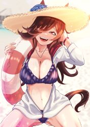 1girl absurdres aged_up animal_ears beach bikini bikini_under_clothes blue_flower blue_rose bracelet breasts brown_hair brown_hat cleavage commentary cowboy_shot day ears_through_headwear flower frilled_bikini frills hair_over_one_eye half-closed_eyes hand_in_own_hair hat hat_flower highres holding holding_swim_ring hood hoodie horse_ears horse_girl horse_tail innertube jewelry kneeling large_breasts long_hair long_sleeves looking_at_viewer natuumi_(jmwy5354) navel necklace no_pants open_clothes open_hoodie open_mouth outdoors partially_unzipped purple_bikini purple_eyes rice_shower_(umamusume) rose smile solo straw_hat sun_hat swim_ring swimsuit tail umamusume white_hoodie