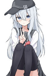 1girl absurdres anchor_symbol black_hat black_sailor_collar black_skirt black_thighhighs blue_eyes blue_hair blush commentary_request feet_out_of_frame flat_cap hair_between_eyes happy_birthday hat hat_ribbon hibiki_(kancolle) highres kantai_collection knees_up long_hair long_sidelocks long_sleeves looking_at_viewer neckerchief parted_lips pleated_skirt red_neckerchief ribbon sailor_collar shirasu_(sirasuillust) shirt sidelocks simple_background sitting skirt solo thighhighs v white_background white_shirt