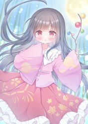 1girl :o bamboo bamboo_forest black_hair blue_sky blurry blurry_background blush branch commentary_request feet_out_of_frame forest full_body hanasakichu highres holding holding_branch houraisan_kaguya japanese_clothes jeweled_branch_of_hourai kimono long_hair looking_at_viewer nature outdoors pink_shirt red_eyes red_skirt shirt sidelocks skirt sky sleeves_past_fingers sleeves_past_wrists touhou wide_sleeves