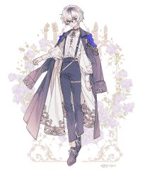 1boy 1girl black-framed_eyewear black_coat black_pants black_shoes blue_eyes buttons closed_mouth coat commentary commission dress floral_background flower full_body glasses gold_embroidery gradient_hair grey_eyes lemon89h long_sleeves looking_at_viewer male_focus multicolored_hair original pants puffy_sleeves rococo_movement round_eyewear shirt shoes solo standing suspenders white_hair white_shirt