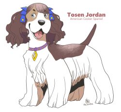 Rule 34 | american cocker spaniel, animal focus, animalization, brown hair, character name, commentary request, dog, full body, looking at viewer, no humans, onikobe rin, open mouth, simple background, tosen jordan (umamusume), umamusume, white background