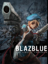 Rule 34 | 1girl, beret, blazblue, blazblue: calamity trigger, blonde hair, dual wielding, female focus, gradient background, gun, hat, highres, holding, image sample, noel vermillion, solo, vihena, weapon