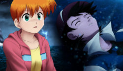 1boy 1girl ash_ketchum baseball_cap black_hair child closed_eyes green_eyes hat jacket laura_jimenez lightning misty_(pokemon) nintendo open_mouth orange_hair pokemon pokemon_(anime) popped_collar rain short_hair side_ponytail underwater