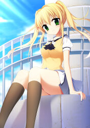 1girl ascot black_ascot black_socks blonde_hair blue_sky blush closed_mouth commentary day eh8t4brhagdnna0 feet_out_of_frame floating_hair green_eyes hair_intakes hair_ornament highres kneehighs lighthouse long_hair looking_at_viewer miniskirt outdoors puffy_short_sleeves puffy_sleeves railing sailor_collar school_uniform serafuku shirt short_sleeves sidelocks sitting skirt sky smile socks solo summer_pockets summer_pockets_school_uniform sunlight sweater_vest thighs tsumugi_wenders white_sailor_collar white_serafuku white_shirt white_skirt x_hair_ornament yellow_sweater_vest