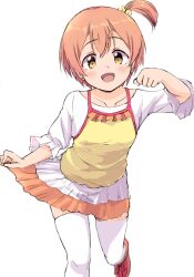 1girl :d blush camisole clenched_hand collarbone double-parted_bangs foot_out_of_frame highres hoshizora_rin looking_at_viewer love_live! love_live!_school_idol_project miniskirt official_alternate_costume one_side_up open_mouth orange_hair orange_skirt red_shoes sen_(sen0910) shirt shoes short_hair simple_background skindentation skirt skirt_hold smile solo thighhighs three-quarter_sleeves two-tone_skirt white_background white_shirt white_skirt white_thighhighs yellow_camisole yellow_eyes zettai_ryouiki