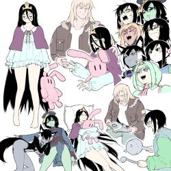 1boy 6+girls ahoge anger_vein animal_ears black_eyes black_hair black_mask blank_eyes blonde_hair blue_pants book breasts brown_jacket capelet chinese_clothes closed_eyes colored_sclera colored_skin commentary cooking_pot denim drooling english_commentary expressionless fox_ears fox_tail furry furry_female glasses goggles goggles_around_neck green_hair green_skin hairband hat highres holding holding_book holding_cooking_pot holding_ladle jacket jeans jiangshi ladle long_hair mask_pull medium_breasts medium_hair multicolored_hair multicolored_jacket multiple_girls multiple_persona ofuda open_mouth original pants pelvic_curtain piercing pillow pink-framed_eyewear pink_eyes purple_capelet qingdai_guanmao robot_girl roots_(hair) sidelocks sleeping sleepy star_(symbol) star_hairband sticker_on_face sweat tail tiara tongue_piercing two-tone_jacket very_long_hair wavy_mouth white_hair yblndr yellow_sclera