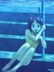1girl 2000 barefoot blue_theme bob_cut bubble dated facing_viewer female_focus flat_chest looking_at_viewer love_hina maehara_shinobu one-piece_swimsuit petite raised_eyebrows rohimo short_hair skinny solo swimsuit underwater yellow_one-piece_swimsuit