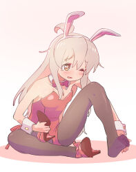 1girl ahoge animal_ear_hairband animal_ears bare_arms bare_shoulders black_pantyhose bow bowtie breasts brown_eyes collarbone commentary detached_collar fake_animal_ears footwear_bow full_body grey_hair hairband high_heels highres holding holding_shoes kyarahiba leotard light_blush long_hair one_eye_closed onii-chan_wa_oshimai! oyama_mahiro pantyhose pink_background playboy_bunny rabbit_ears red_bow red_bowtie red_leotard red_shoes shoes simple_background single_shoe sitting small_breasts solo strapless strapless_leotard tearing_up white_hairband wince wrist_cuffs