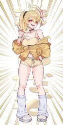 1girl absurdres ahoge alternate_costume black_choker blonde_hair blush breasts camisole choker cleavage dolphin_shorts full_body grey_shoes hair_intakes halo high_ponytail highres hinata_mashu jacket large_breasts looking_at_viewer loose_socks medium_hair nanashi_inc. none_(fan_774) open_mouth orange_eyes orange_halo ponytail shoes shorts smile socks solo strap_pull track_jacket virtual_youtuber white_socks yellow_camisole yellow_jacket yellow_shorts