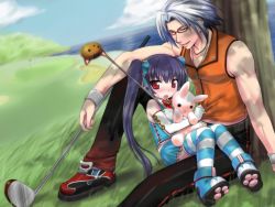 blush golf_club hair_ribbon highres kooh max midriff pangya ribbon skirt striped_legwear thighhighs tree twintails under_tree