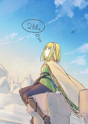 1girl belt blue_sky boots brown_cloak bug cayna_(leadale_no_daichi_nite) cloak closed_mouth commentary_request day dragonfly earrings elf green_eyes green_shirt hairband highres insect jewelry knee_boots leadale_no_daichi_nite light_smile looking_up medium_hair official_art outdoors pointy_ears shirt sitting sky solo speech_bubble tenmaso thought_bubble translation_request white_hairband