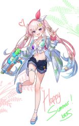 1girl :d absurdres airani_iofifteen artist_request bikini bikini_under_shorts blue_hair breasts commentary criss-cross_halter denim denim_shorts english_commentary foot_up frilled_bikini frills front-tie_bikini_top front-tie_top full_body gradient_hair hairband halterneck hand_up highleg highleg_bikini highres hololive hololive_indonesia long_hair long_sidelocks looking_at_viewer medium_breasts multicolored_hair off_shoulder official_alternate_costume official_alternate_hairstyle official_art open_fly open_mouth paint_splatter palette_hair_ornament pearl_hair_ornament pink_hair pink_hairband pouch print_bikini purple_eyes sandals second-party_edit second-party_source shell_hair_ornament shorts sidelocks smile solo starfish_hair_ornament swimsuit teeth thigh_pouch transparent_wings twintails two-tone_hairband upper_teeth_only very_long_hair virtual_youtuber white_background white_bikini white_hairband