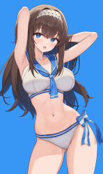 Rule 34 | 1girl, armpits, arms up, bare shoulders, bikini, blue background, blue bikini, blue eyes, blush, breasts, brown hair, hairband, hamahama, highres, idolmaster, idolmaster cinderella girls, long hair, looking at viewer, medium breasts, multicolored bikini, open mouth, sagisawa fumika, sailor bikini, sailor collar, simple background, smile, solo, stomach, swimsuit, two-tone bikini, white bikini