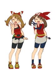 2girls bandana bare_shoulders black_shorts brown_hair closed_eyes full_body grey_background hairband highres long_hair may_(pokemon) multiple_girls nintendo pokemon pokemon_oras pokemon_rse red_bandana red_hairband red_shirt shirt shorts simple_background skirt tikuwabu_33 v white_background white_shorts white_skirt