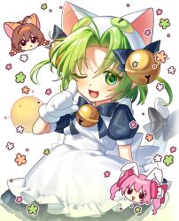 3girls ahoge animal_ears animal_hat apron back_bow bell black_bow blue_bow blue_bowtie blue_dress bow bowtie brown_hair cat_girl cat_hat cat_tail chibi chibi_inset colored_eyelashes commentary dejiko di_gi_charat dice_hair_ornament dress frilled_apron frills gema green_eyes green_hair hair_bell hair_bow hair_ornament hat highres jingle_bell jitome looking_at_viewer medium_hair mittens multiple_girls neck_bell one_eye_closed open_mouth parted_bangs pink_bow pink_hair pointing pointing_at_self puchiko puffy_short_sleeves puffy_sleeves rabbit_ears shi_mohaji short_sleeves smile solo_focus symbol-only_commentary tail tail_bow tail_ornament twintails two_side_up usada_hikaru white_apron white_bow white_hat white_mittens x_mouth yellow_hat