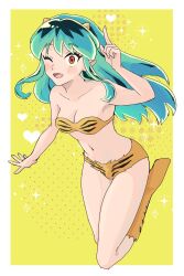1girl ;d animal_print bikini blush boots border breasts cleavage collarbone commentary cone_horns fang floating full_body green_hair highres horns index_finger_raised long_hair looking_at_viewer lum medium_breasts navel one_eye_closed open_mouth orange_eyes outside_border pointy_ears print_bikini small_horns smile solo stomach strapless strapless_bikini swimsuit symbol-only_commentary tiger_print urusei_yatsura white_border yamori_(yamoooon21) yellow_background