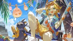 1girl aqua_eyes bandolier beach beach_chair belt bird blonde_hair clothes_pin clothesline crocs cropped_shirt diving_mask doki_amber_doge_(dokibird) dokibird_(vtuber) dokibird_(vtuber)_(beach_episode) dragoon_(dokibird) drink earrings egg fang feather_hair glass goggles hawaiian_shirt highres holding holding_water_gun indie_virtual_youtuber jewelry male_swimwear midriff necklace ocean official_art official_wallpaper open_clothes open_shirt pointy_ears ponytail rock shirt shoes sitting sky sleeves_rolled_up snorkel solo sun swim_trunks teeth tomato water_balloon water_gun white_shirt white_shoes yellow_swim_trunks