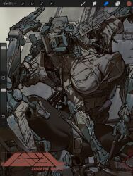 1girl art_program_in_frame artist_logo breasts covered_erect_nipples dark_skin extra_arms highres humanoid_robot joints juerucj large_breasts logo mechabare original robot robot_joints solo squatting thighs unfinished
