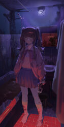 1girl absurdres axe bath bathroom bathtub blood blood_on_clothes blood_on_face blood_stain blue_skirt bow bowtie cardigan closed_mouth commentary_request cute_weapon dim_lighting empty_eyes expressionless full_body heart highres hokushuu holding holding_axe indoors long_hair long_sleeves looking_at_viewer mirror original pink_bow pink_bowtie pink_cardigan pink_socks pleated_skirt red_light shirt shower_head sink skirt socks solo standing tile_wall tiles twintails white_shirt yellow_eyes
