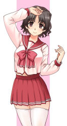 Rule 34 | 1girl, breasts, closed mouth, large breasts, long sleeves, looking at viewer, pleated skirt, red skirt, short hair, skirt, solo, thighhighs, to heart (series), to heart 2, uona telepin, white thighhighs, yuzuhara haruka