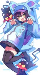 1girl animal_hood black_hair black_shoes black_skirt black_thighhighs breast_pocket gen_7_pokemon hair_between_eyes highres hood hooded_jacket jacket litten long_sleeves looking_at_viewer medium_hair midair mitorizu_02 nidothing nintendo nyabiko_(pokemon) open_mouth paw_pose pleated_skirt pocket pokemon pokemon_(anime) pokemon_(creature) pokemon_horizons shoes skirt thighhighs yellow_eyes zipper zipper_pull_tab
