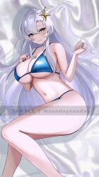 1girl absurdres bare_arms bare_legs bare_shoulders bed_sheet bikini blue_bikini blue_eyes breasts cleavage closed_mouth commission hair_ornament hands_up highres indie_virtual_youtuber large_breasts long_hair looking_at_viewer lying matchacha navel on_side parted_bangs smile solo star_(symbol) star_hair_ornament stomach string_bikini swimsuit thighs very_long_hair virtual_youtuber white_hair