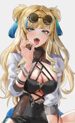 Rule 34 | 1girl, absurdres, anzu0130, black leotard, blonde hair, blue eyes, blush, breasts, cleavage, commentary request, eyewear on head, fellatio gesture, highres, honkai (series), honkai impact 3rd, jacket, large breasts, leotard, long hair, looking at viewer, open mouth, revision, round eyewear, solo, songque, songque (astralop), sunglasses, tassel, tongue, tongue out, two side up, white jacket