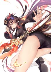 Rule 34 | 1girl, absurdres, adjusting clothes, adjusting headwear, ass, black coat, black hat, black nails, black shoes, black shorts, bright pupils, brown hair, coat, commentary request, flower-shaped pupils, from behind, genshin impact, grin, hat, highres, hu tao (genshin impact), jewelry, long hair, looking at viewer, pantylines, polearm, porkpie hat, red eyes, ring, sazanka, shoes, short shorts, shorts, simple background, smile, socks, solo, staff of homa (genshin impact), symbol-shaped pupils, tailcoat, thighs, twintails, weapon, white background, white socks
