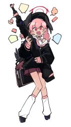 1girl black_bag black_hat black_shirt black_wings blue_archive full_body gun halo hat head_wings highres holding holding_gun holding_weapon kinzaibatsu91 kneehighs koharu_(blue_archive) long_hair long_sleeves looking_at_viewer neckerchief open_mouth pink_eyes pink_hair pink_neckerchief puff_of_air red_halo red_skirt shirt skirt socks solo twintails weapon white_background white_socks wings