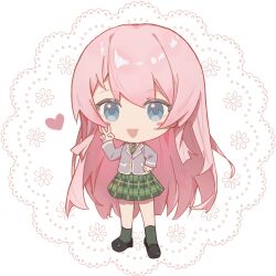 1girl bang_dream! bang_dream!_it&#039;s_mygo!!!!! black_shoes blush chibi chibi_only chihaya_anon commentary diagonal-striped_clothes diagonal-striped_necktie green_necktie green_skirt green_socks grey_eyes grey_jacket heart highres hu_pi_xuan_jiao jacket long_hair long_sleeves necktie open_mouth pink_hair plaid_clothes plaid_skirt pleated_skirt shoes skirt socks solo striped_clothes v white_background