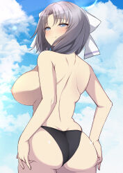 1girl absurdres ass back bare_arms bikini black_bikini blue_eyes blue_sky blush breasts butt_crack chimunge closed_mouth cloud commentary_request day grey_hair hair_ribbon highres large_breasts medium_hair nipples outdoors parted_bangs ribbon senran_kagura senran_kagura_burst senran_kagura_burst_re:newal senran_kagura_estival_versus senran_kagura_shinovi_versus sideboob sky smile swimsuit topless_female unworn_bikini_top yumi_(senran_kagura)