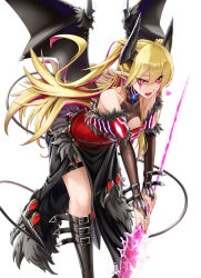 1girl bare_shoulders bent_over black_horns black_tail black_wings blonde_hair breasts cleavage cowboy_shot demon_girl demon_horns demon_tail demon_wings dress duel_monster ear_piercing heart horns lacrima_the_crimson_tears large_breasts multicolored_hair nokia_(nm) piercing pink_hair pointy_ears red_dress simple_background solo streaked_hair tail two-tone_hair two_side_up white_background wings yu-gi-oh!