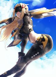 Rule 34 | 1girl, absurdres, bent over, black pants, black shrug, blindfold, blonde hair, blue sky, breasts, gun, gunblade, highres, large breasts, long hair, long sleeves, pants, parted bangs, shiroshisu, shrug (clothing), sky, solo, trigger (zenless zone zero), weapon, zenless zone zero