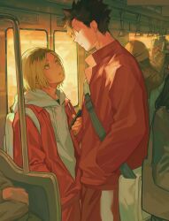 2boys backpack bag beanie black_hair blonde_hair brown_hair closed_eyes closed_mouth collared_jacket commentary_request drawstring haikyuu!! hand_in_pocket handbag hat head_back hebi86070749 highres hood hood_down hoodie jacket kozume_kenma kuroo_tetsurou long_sleeves looking_at_another male_focus multicolored_hair multiple_boys pants people popped_collar red_jacket red_pants short_hair shoulder_bag spiked_hair standing train_interior white_bag white_hoodie window yellow_eyes